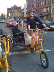 Helen pedals her very sporting sister from the Park Slope Food Coop to the World Trade Center PATH station.