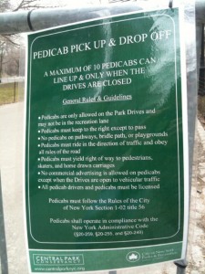 Sign posted at Central Park pedicab stand