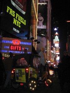 RR rider Michel takes a moment to chill under the FRS billboard in Times Square.
