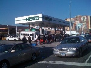 Gas addicts wait for their fix at a Hess station in Park Slope, Brooklyn. Those RR helped with pedicab NYC services didn't have to wait for such things.